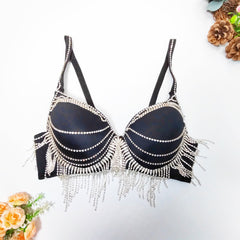 French Triangle Cup Push Up Bra Outer Wear Rhinestone Metal Tassel Tube Top Big Backless Shaping Boning Corset Underwear