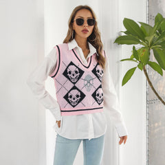 Gilet en jacquard losange tête de mort Halloween, pull, gilet, tricot, hiver