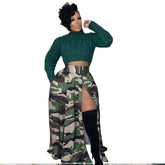 Casual Camouflage Printed Zipper Split Elastic Waist Skirt