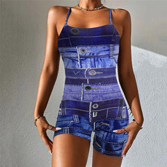 Digital Printing Backless Spaghetti Straps Short Sports Jumpsuit