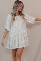 Sequined round Neck Short Sleeve Large Swing Cute Dress