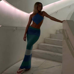 Robe de plage courte, dos nu, à lacets, avec tablier, col licou, tricotée, haut court, dos nu, gilet, mi-longue