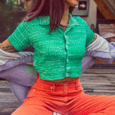 Polo vert à col en maille, pull, petit cardigan court à manches courtes