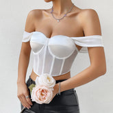 Reines weißes Mesh-Stahlring-Korsett-Oberteil mit Stäbchen Hochwertige Weste