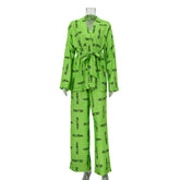 Casual Lace up Long Sleeve Pajamas High Waist Trousers Suit Home Wear Loose Printed Wear