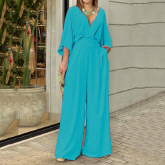 Jumpsuit Batwing Sleeve V neck Backless Waist Trimming Loose Wide Leg Jumpsuit