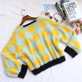 Retro Hit Color Diamond Lattice Plush French Short High Grade Outerwear Sweater Cardigan
