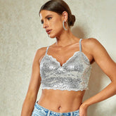 French Top Pailletten Slim Fit Rückenfrei Tiefer V-Ausschnitt Träger Weste