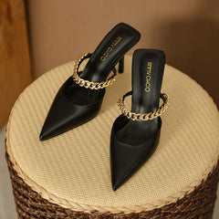 Women's Mules Chain Pointed Toe Mary Jane Stiletto Heels