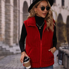 Veste décontractée en peluche à col sans manches et fermeture éclair à rayures amples