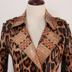 Snakeskin Leopard Print Long Trench Coat Goddess Long Sleeve Leather Jacket Overcoat