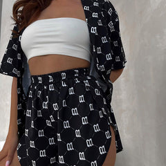 Textured Silk-like Printed Pajamas Thin Cardigan Shorts Set