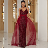 Ärmelloses, elegantes, langes, mit Pailletten besetztes Spitzenkleid mit V-Ausschnitt und rückenfreiem Cocktailkleid/Abendkleid/Brautjungfernkleid