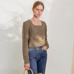 Französischer Strickpullover mit quadratischem Kragen, Strickjacke, langärmeliger kurzer Pullover