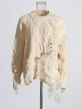 Elegant Lady Hollow Out Cutout Out Embroidery Stitching Knitwear Round Neck Long Sleeve Mesh Irregular Asymmetric Sweater