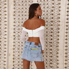 Boning Corset Short Mesh Top Off Shoulder Long Sleeve T Shirt