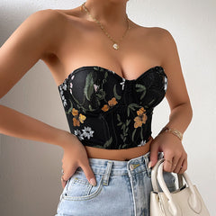 Low Cut Cropped Embroidery Short Top Chest Cotton Steel Ring Vest