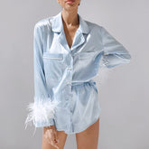 Herbst Weihnachten Künstliche Seide Blau Feder Abnehmbare Langarm Shorts Pyjamas Französisch Homewear