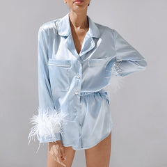Fall Christmas Artificial Silk Blue Feather Detachable Long Sleeve Shorts Pajamas French Homewear