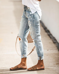 Street Hipster Washed Hole Slim Schlankmachende bedruckte Jeanshose