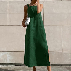 French Maxi Dress Cotton Linen Sleeveless Dress Green Slit Straight Cami Dress