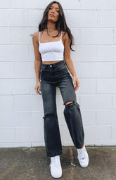 Lockere Löcher, hohe Taille, gerade, trendige Street-Jeans