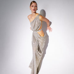 Silver One Shoulder Sequin Patchwork Slit Cropped Outfit Stretch Hipmal Dress
