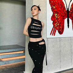 Burnt round Neck Sleeveless Hollow Out Cutout Slim Fit Cropped Outerwear Vest