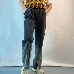 Jean droit fendu dégradé Pantalon taille haute rétro classique