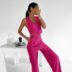 Anzug aus Baumwollleinen, V-Ausschnitt, schmale Passform, Weste, ärmelloses Oberteil, Hose mit geradem Bein, zweiteiliges Set