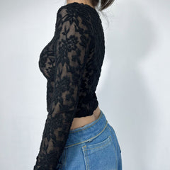 Aushöhlen Cutout Spitze Langarm Bottoming Shirt Crop Top Kurzes Top