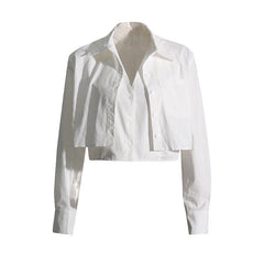 Solid Color Shirt Niche Short Office Faux Two Piece Long Sleeve Top