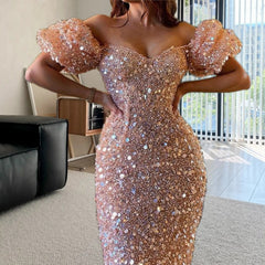 Robe de cocktail à manches bouffantes et décolleté en V profond, robe de soirée à paillettes