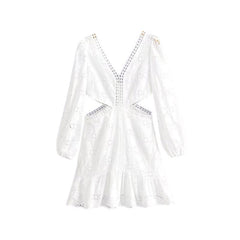 Fall French V neck Lace Stitching Waist Open Dress Eyelet Embroidery