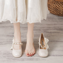 Women's Bow High Chunky Pumps Shallow Mouth Patent