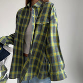 Chemise ample à col assortie rétro, chemise à carreaux à manches longues et poches