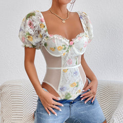 Printed Lace Mesh Steel Ring Puff Sleeve Printed Hollow Out Cutout out See through Jumpsuit