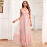 Elegantes Abendkleid mit doppeltem V-Ausschnitt, ärmellos, Tüll, durchgehendes Futter, A-Linie, bauschiger Tüll, Hochzeit, Brautjungfernparty
