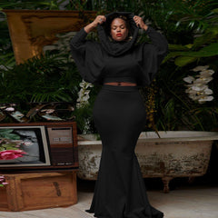 Ensemble jupe queue de poisson à capuche de couleur unie coupe slim