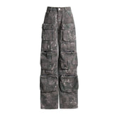 Retro Pocket Wide Leg Jeans Camouflage Loose Slimming Workwear Pants