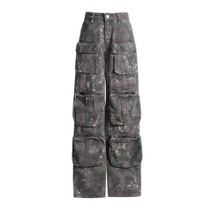 Retro Pocket Wide Leg Jeans Camouflage Loose Slimming Workwear Pants