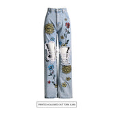 Zerrissene Jeans mit hoher Taille und Retro-Print