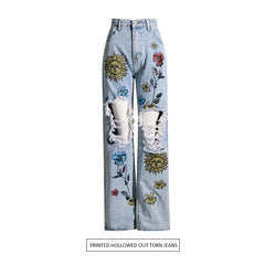 High Waist Ripped Jeans Retro Printed Trousers Casual Pants