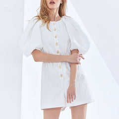 Elegant Slightly Mature Elegant Solid Color Casual Pants High Waist Short Sleeve Puff Sleeve Single Breasted Jumpsuit