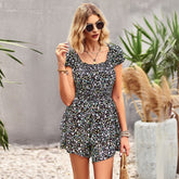 Square Collar Printed Jumpsuit Shorts