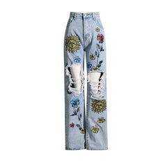 High Waist Ripped Jeans Retro Printed Trousers Casual Pants