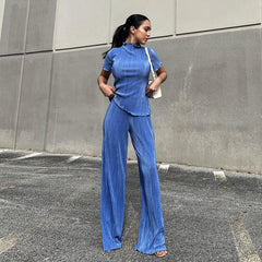 Slimming T shirt High Waist Blue Pleated Wide Leg Pants Casual Suit