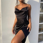 Backless Dress Satin Split Midi Dress Suspender Dress