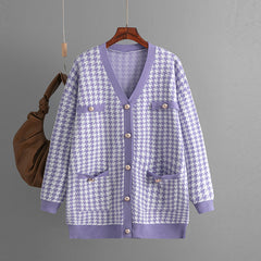 Sweater Loose V neck Houndstooth Long Sleeve Knitted Cardigan Coat Contrast Color