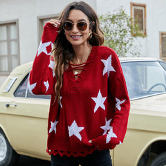 Casual Five Star Brocade Sweater Drawstring Pullover Sweater Blouse